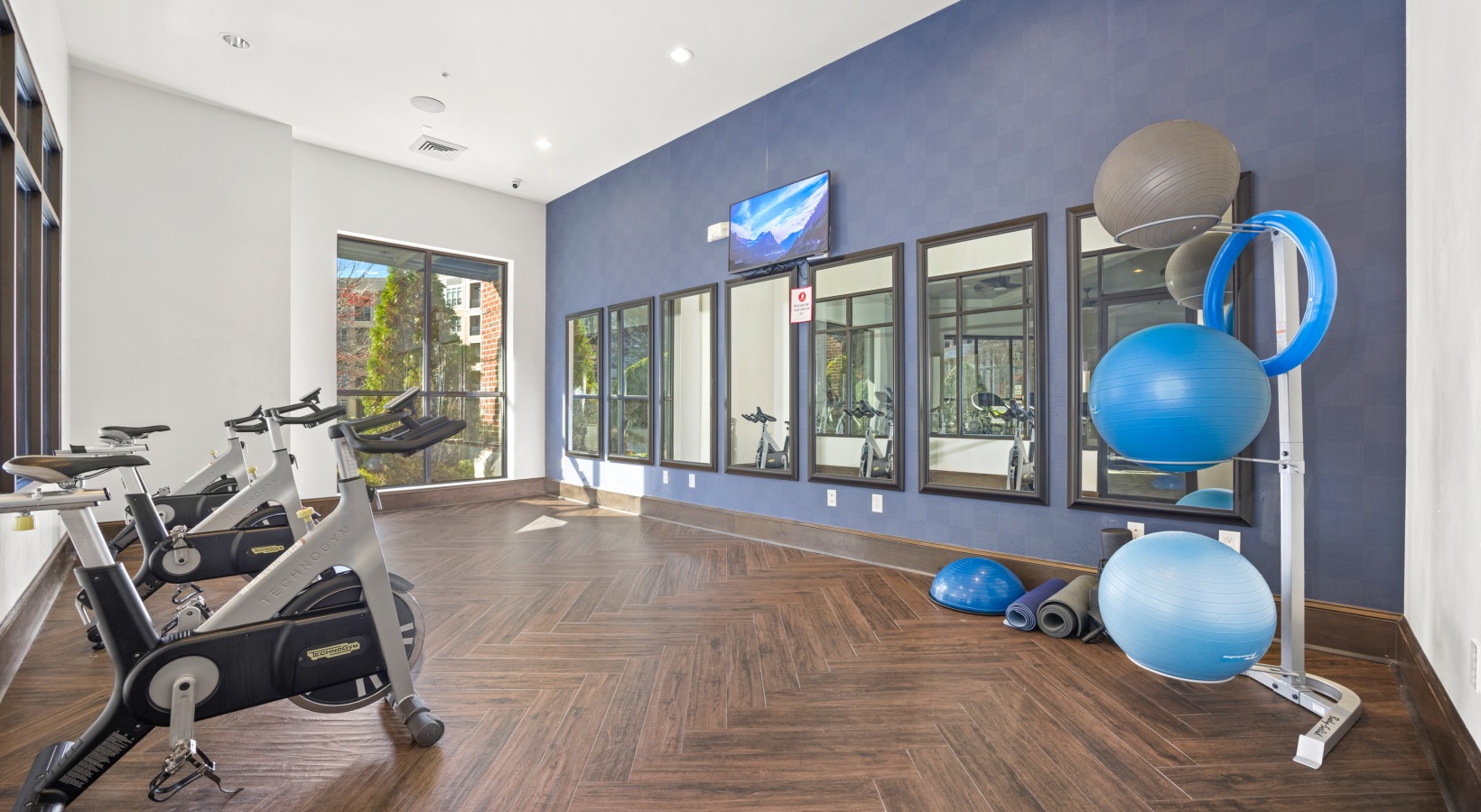 a gym room with exercise equipment and blue walls at The Allure
